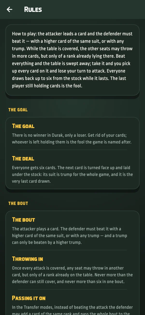 The built-in rules screen