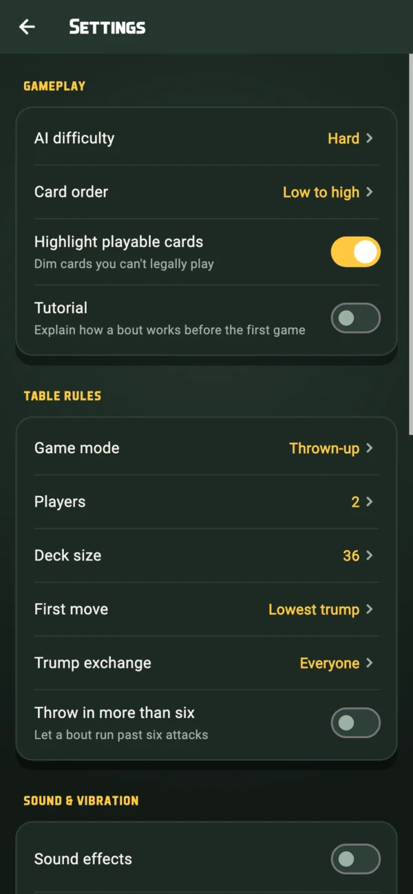 Settings screen showing gameplay and table rules