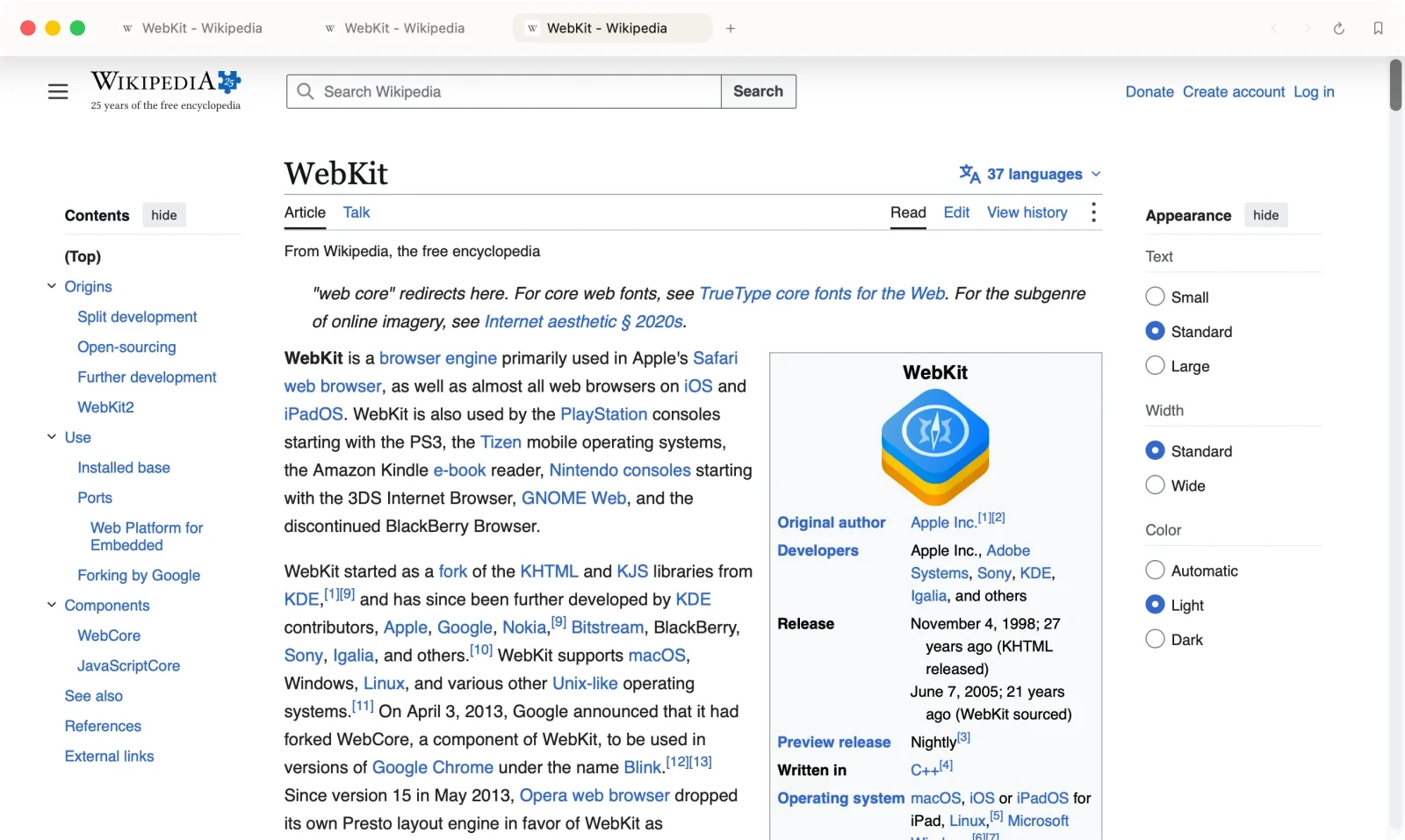 Kenos browser showing the WebKit article on Wikipedia