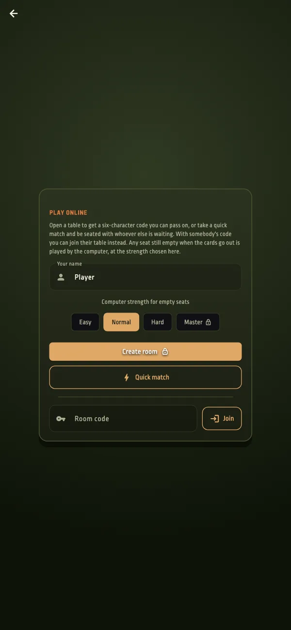 Multiplayer screen with display name and room code
