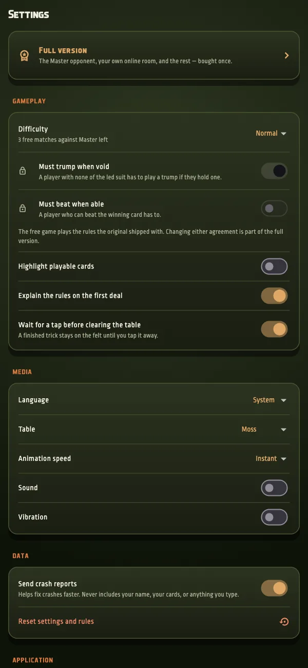 Settings: difficulty, table agreements, media and data